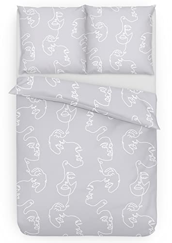 Träumschön Premium Bettwäsche 155x220 + 80x80 cm - Line Art Design hell - Sommer Bettwäsche aus Baumwolle – Weich, Atmungsaktiv & Hautfreundlich - bügelfrei