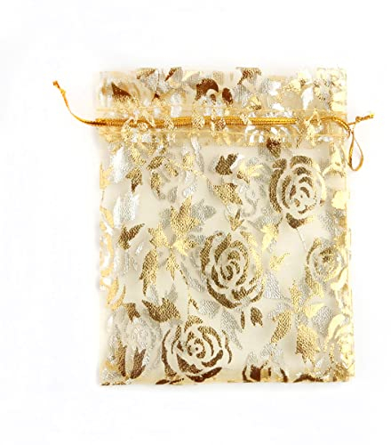 Duories 100 Stück 17x23cm Organzabeutel Organzasäckchen mit Zugband Schmuckbeutel Geschenkbeutel Gazesäcke Hochzeit Säckchen Bonbonsbeutel Rose Beutel für Geschenk Hochzeiten Partys Weihnachten,Gold