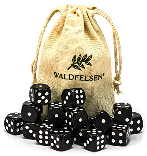 Waldfelsen 6, 12, 20, 30 oder 50 hochqualitative Würfel Standardgröße 16 mm Acrylwürfel Knobel Spielwürfel Dice 6-seitig sechsseitig Spielzubehör Set mit Stoffbeutel (Schwarz, 20 Stück)