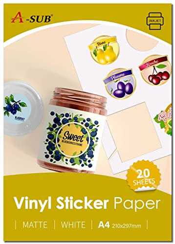 A-SUB Papel adhesivo de vinilo imprimible, resistente al agua, color blanco mate, etiquetas de vinilo autoadhesivas para impresoras de inyección de tinta, tamaño A4, 20 hojas