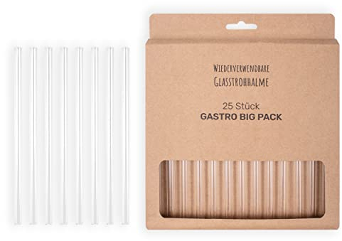 25 Stück Glasstrohhalme - Gastro Big Pack | Transparent | wiederverwendbar | Glastrinkhalm | Spülmaschinenfest | 20cm lang Transparent, 25 Stück