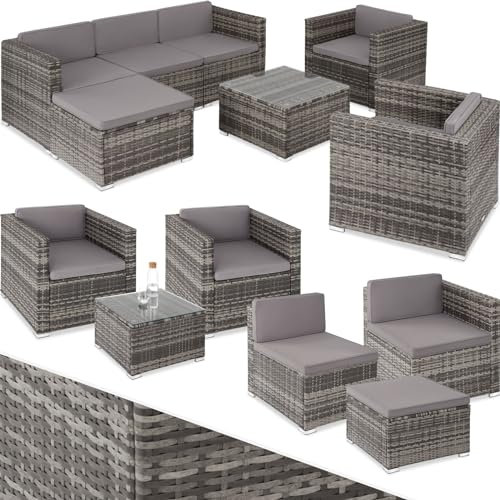 TecTake® Ensemble Salon de Jardin Exterieur en Poly Rotin Modulable 7 Places 6 Fauteuil Salon 1 Tabouret Pouf et 1 Table de Jardin, Coussins Inclus, Mobilier de Jardin pour Amenagement Balcon