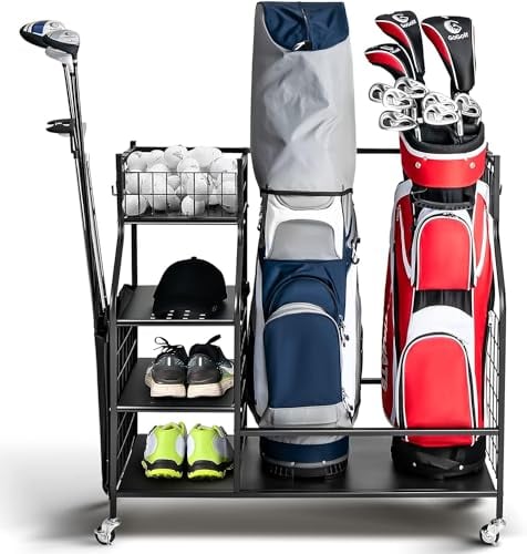 GYMAX Golf Storage Rack, Extra Large Golf Bag Stand Storage Rack with Lockable Universal Wheels and Removable Hooks, All-in-1 Golf Garage Organizer for Golf Clubs (95 x 40 x 94cm)