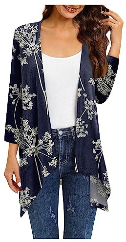 HKUOPW Jacken Woman Offene Neuheit 3/4 Ärmel Cardigan Winter mit Plissee Jacken Weiblich Polyester Floral Gummizug Arbeits Weitee Ohne Kragen