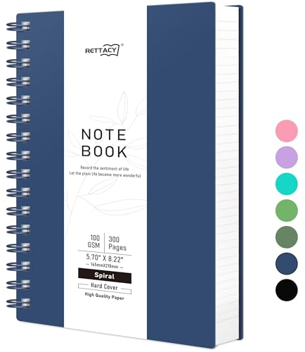 RETTACY Notizbuch B5 Gepunktetes, Bullet Dot Grid Journal, Spiral-Notizbücher 300 Blatt/150 Seiten zum Schreiben, 100gsm, PVC Hardcover, für Frauen Männer Arbeit Büro Schule, 19 x 25 cm - Marineblau