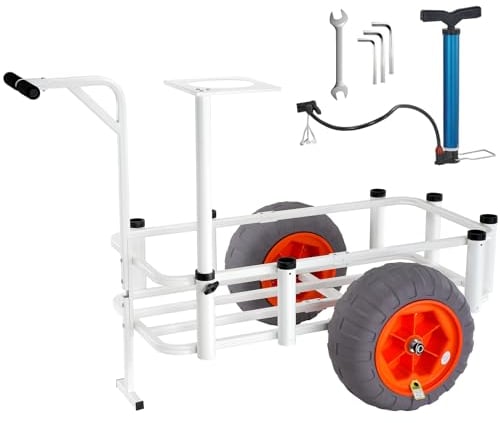 VEVOR Chariot de Pêche de Plage Capacité de Charge 158,75 kg Chariot avec 8 Supports de Canne à Pêche Roues Gonflables en PU 406 mm Chariot de Sable en Aluminium Robuste pour Pique-nique, Plein Air