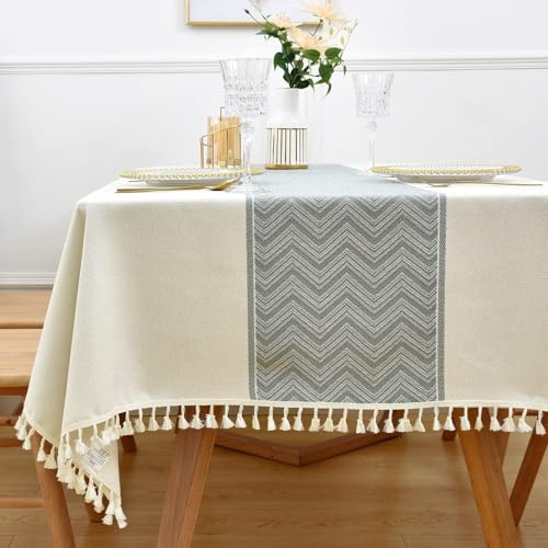 Yofori Leinen Abwaschbare Tischdecke, 135x135cm Weiß Tischdecke Boho Leinenoptik Tischdecken Baumwolle Polyester Tischtuch Quadratisch Tischdeko für Esstisch, Küchentisch, Outdoor