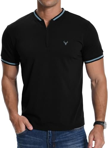 MLANM Men's T-Shirt Summer Zip Henley Short Sleeve Shirt Front Deer Head Embroidery Casual Cotton Men's Tops,XL Black
