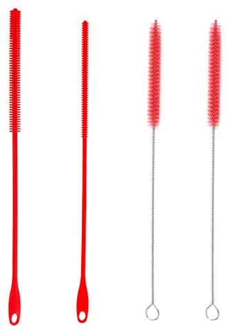 Lot de 4 brosses de nettoyage pour paille en acier inoxydable - Brosse de nettoyage pour paille en silicone - Nettoyeur de bouteille d'eau (rouge)