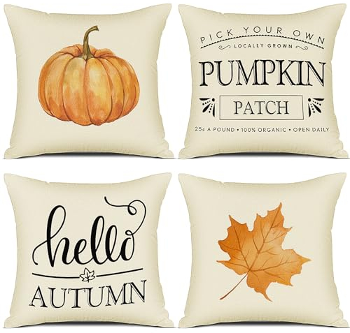 YCOLL Herbst Kissenbezug 40x40 4er Set Kissenhülle Kürbis Deko Sofakissen Leinen Kissenbezüge Herbst Dekoration Outdoor Kürbis Kissen, für Schlafzimmer Wohnzimmer Couch Zierkissen 40x40 cm