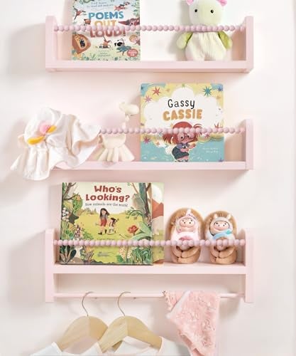 Mazjoaru Wandregal Kinderzimmer Holz Bücherregal Kinder Wand 3er Set Kinderregal mit Holzperlen-Design Wanddeko Aufbewahrungsregal für Kinder Bad Wohnzimmer (Rosa, 40X10CM)