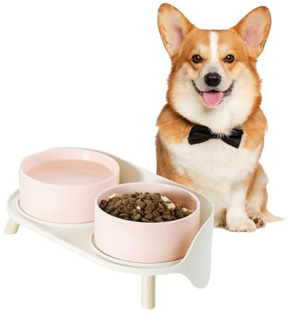 Elevated Ceramic Dog Bowl Set - Raised Double Dishes with Splash-Proof Stand - Candy Colored Food & Water Bowls for Small/Medium Dogs - 2 Cups (27 fl oz) - Pink