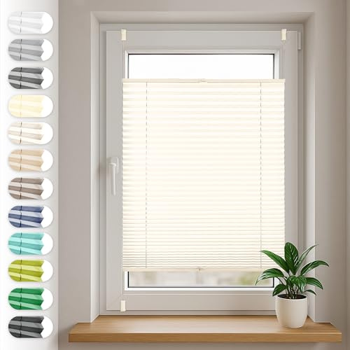 Sonello Plissee Klemmfix ohne Bohren 65cm x 100cm Hellcreme Faltrollo Plisseerollo Jalousie für Tür & Fenster Blickdicht Sichtschutz Sonnenschutz Fertifplissee Rollo