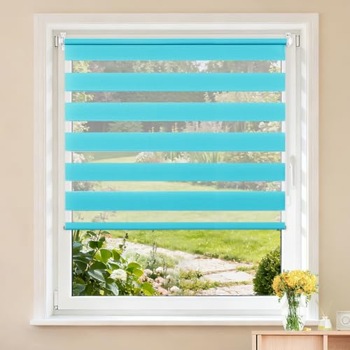 Buseu Store Enrouleur Jour Nuit sans Perçage, Turquoise, 85 x 130 cm | Largeur du Tissu 85 cm, Rideau Translucide & Occultant, Fixation par Clips, Pour Fenêtre & Porte de Salon, Bureau, Chambre