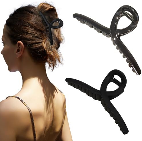 Nalodu Lot de 2 pinces à cheveux extra larges de 13 cm, antidérapantes, noires mates et brillantes, incassables pour cheveux épais, longs et bouclés