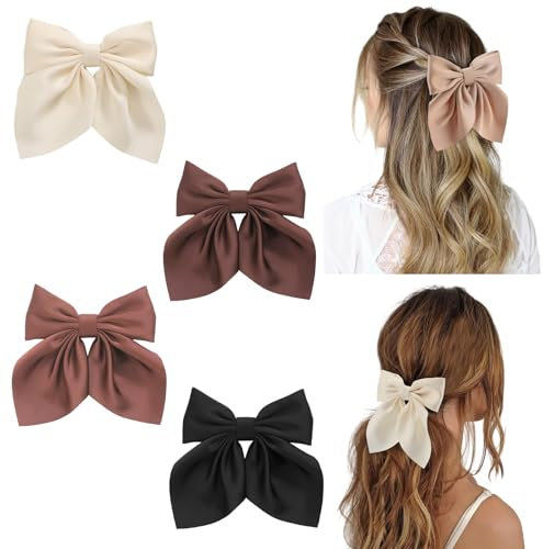 BelleVive 4 Stück Haarschleifen für Frauen, Haarspangen mit Schleife, Haarschleifen aus seidigem Satin für Mädchen, Haarband in neutralen Farben, süße Schleifenspangen für Frauen