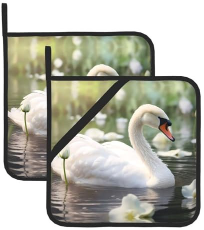 BROLEO Set di 2 presine per la rimozione del coperchio della cucina, spesso, resistente, isolante anti-scottatura, 20,3 x 20,3 cm, bella immagine di cigno bianco