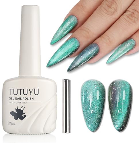 TUTUYU Aurora Green Cat Eye Gel Nail Polish,Quicksand Galaxy Holographic Cateye Green Gel Polish with Magnet, Green & Silver Shimmer Velvet Soak Off Uv Led Home Diy Manicure