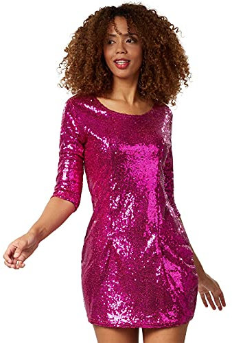 dressforfun Kostüm Damen, kurzes Paillettenkleid, Glitzer Kleid, Langarm Glitzer Oberteile Damen mit Glitzer Rock, Faschingskostüm, Karneval, sexy Disco Kostüm Damen, Rave Outfit Damen, pink, S