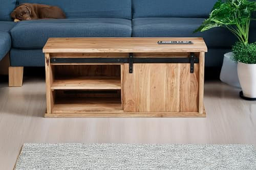 SAM Couchtisch Lian 110x45x50 cm, Akazie Natur Baumkante | 4 Fächer, Holz-Schiebetür, Gusseiserne Elemente, Akazienholz massiv