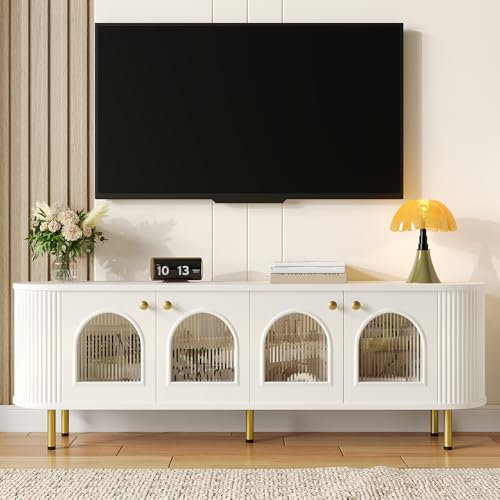 Sweiko Armoire TV, lowboard avec Portes vitrées, Meuble de Rangement Pratique pour Le Salon, Banc TV avec poignées et Pieds dorés (White+Gold)