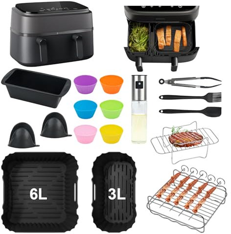 Airfryer Zubehör for Philips Dual Basket 3000 Series NA350/NA550 – 17 set Philips Airfryer Zubehör Set Heat Resistant, BPA Free, Dishwasher Safe – Ideal for Grilling, Baking(Schwarz)