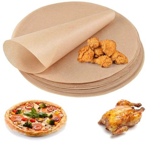 200 Fogli Resistenti Ø26/30cm Carta da Forno per Airfryer, Resistente al Calore Carta da Forno Antiaderente Rotonda, per Frittura ad Aria, Grill, Forno e Pizza (Naturale Non Sbiancato)