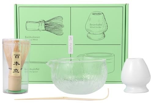 Gatphy Ceramic Japanese Matcha Bowl Set With Glass Spout, Whisk Holder and Scoop - Reusable Starter Kit (Transparent)