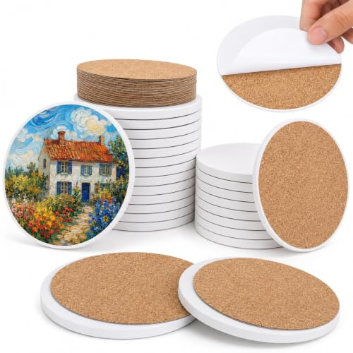 Keramikfliese zum Basteln, 24 runde Untersetzer mit Kork, 10 cm, unglasiert