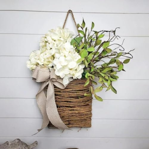 Hydrangea Door Hanger Basket Wreath,Spring Summer Wreath for Front Door,Wildflowers Welcome Sign Front Door Hanging Basket,Farmhouse Artificial Wreath Wedding Home Decor