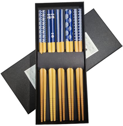 5 Pairs Premium Bamboo Chopsticks Gift Set - Japanese Chinese Style Chopsticks with Elegant Gift Box for Noodles, Sushi, Asian Dining & Housewarming