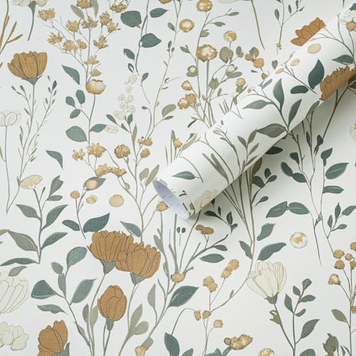 Timeet 44x300cm Peel and Stick Wallpaper Floral Yellow and White Self Adhesive Wallpaper Sticky Back Vinyl Wrap Contact Paper for Bedroom Living Room Wall Cabinet Shelf