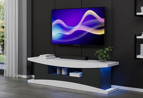 TV-Lowboard LevelUp Außen Weiß & Schwarz Matt Lack · B 180 x H 52 cm | B 180 x H 52 x T 42 cm · Soft-Close-Dämpfer · 2 Türen, 1 Schublade, 3 offene Fächer, 2 Einlegeböden