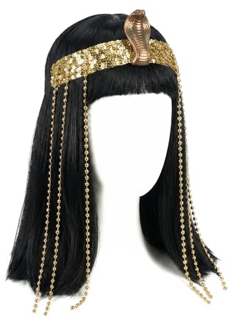 Cleopatra Perücke mit Goldener Schlange Kopfschmuck Set, Ägyptisches Kostümzubehör für Halloween Cosplay, Karneval & Mottoparty, Lange Schwarze Damen Perücke mit Kappe aus Synthetikfasern