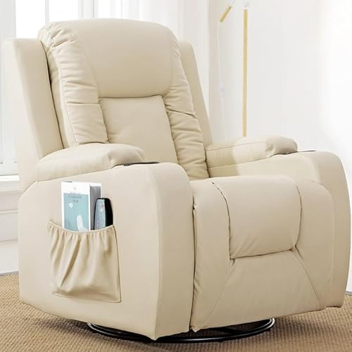 COMHOMA Fauteuil de relaxation avec dossier réglable et repose-pieds, fauteuil de salon pivotant à 360° en cuir synthétique avec porte-gobelets et poches latérales, soutien ergonomique pour tout le