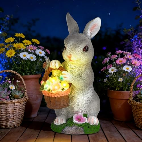 Cuteefun Solar Figuren für Außen Garten, Gartendeko Hase mit Blumenkorb | Wetterfest und Langlebig, Auto Ein/Aus, Draußen Deko Figuren Kaninchen für Garten, als Geschenk zu Geburtstagen, Einzügen