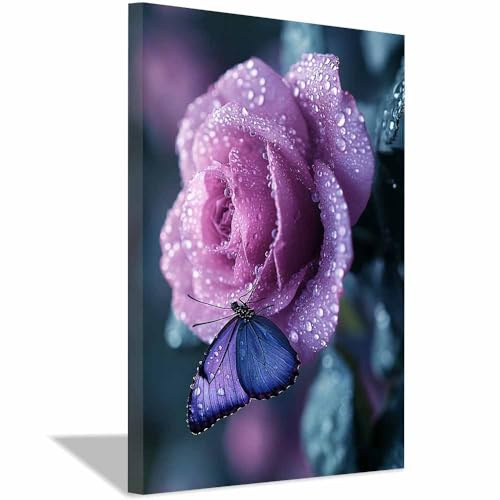 QUSAAOU Nature Paysage Impression Sur Toile Rose violette rosée avec papillon bleu floral Pour DéCorer Chambres Cuisines Salles De Bains EntréEs CaféS Et Appartements(Lilas)-20x30cm1 Encadrée