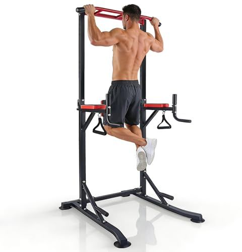 Worldgeil Power Tower Dip Station Multifunktion - Klimmzugstange Freistehend mit 2 Fitnessbändern - Klimmzug Dip Station Höhenverstellbar von 154-226 cm - Pull Up Station für Zuhause & Home Gym