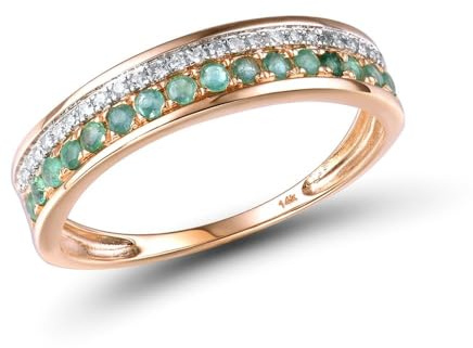 Bague Alliance en Or Rose 14K avec Émeraudes et Diamants Naturels, Bijou de Mariage et Fiançailles, 0,240 Carats Émeraudes, 0,071 Carats Diamants taille 52