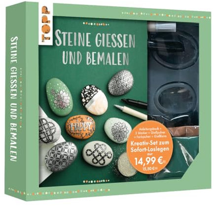 Kreativ-Set - Steine gießen: Buch (32 S., DIN A5, Softcover), Gießform, weißes Gießpulver, Farbpulver in Grün, Orange, Schwarz, Acrylmarker in Silber und Schwarz