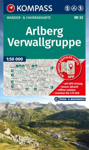 KOMPASS Wanderkarte 33 Arlberg, Verwallgruppe 1:50.000: Wander- und Fahrradkarte in einem - inklusive Offline-Verwendung in der KOMPASS-App. Wander-& Radwege. Skitouren.