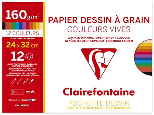 Clairefontaine 96770C Packung mit 12 Bögen Zeichenpapier Etival Color, 24 x 32cm, 160g, 1 Pack, Intensive Farben sortiert