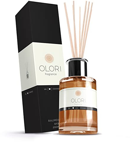 Duftöl Orange - Diffuser mit Stäbchen - Raumduft mit ätherischen Ölen fruchtig, spritzig, süß, mediterran - 100% Natürlich Lufterfrischer für Wohnung - Duftstäbe extra langanhaltend (Duftglas 200ml)