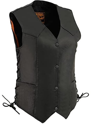 Milwaukee Leather MLL4546 Women's Black Premium Leather Lightweight V-Neck Motorcycle Rider Vest w/Side Laces - Medium