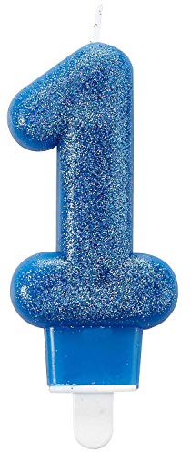 Amscan 9900762 - Zahlenkerze 1, Höhe 7,6 cm, Null, Blau, Glitzer, Tortenkerze, Kerze, Geburtstag, Kuchen, Dekoration