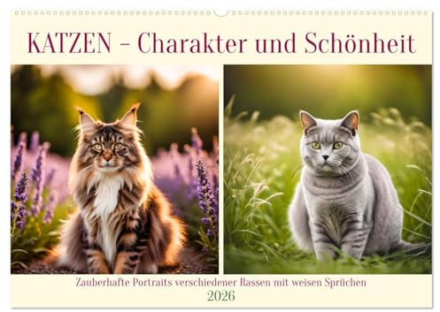 Katzen - Charakter und Schönheit (Wandkalender 2026 DIN A2 quer), CALVENDO Monatskalender: Zauberhafte Portraits verschiedener Rassen mit weisen Sprüchen (CALVENDO Tiere)