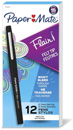 Paper Mate Flair Felt Tip Pens, Medium Point (0.7mm), Black, 12 Count - Teacher Supplies, Journaling, Note-Taking, Writing