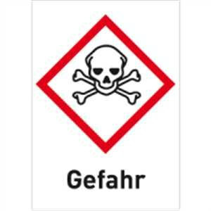 Gefahrstoffetiketten Totenkopf mit gekreuzten Knochen (GHS 06) mit Zusatztext darunter: Gefahr 2,6 x 1,8cm Folie LE = 30 Gefahrstoffetiketten/Bogen, Preis/Bogen Für akut toxische Stoffe und Gemische.