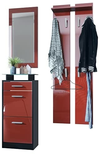 Vladon Garderobenset Garderobe Loret V2 Mini, Korpus in Schwarz matt/Front in Bordeaux Hochglanz
