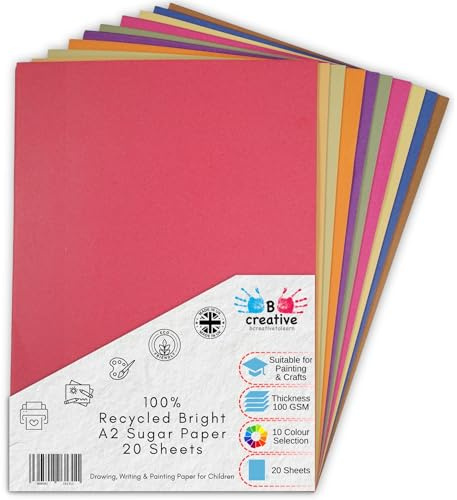 Be Creative A2 Recycled Sugar Paper 59.4 x 42 cm 100gsm – 20 Sheets in 10 Assorted Bright Colours for Arts, Crafts, Drawing & Scrapbooking